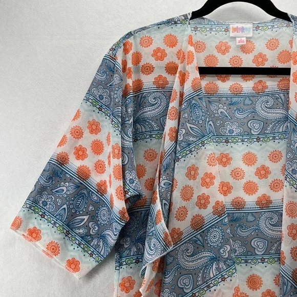 LuLaRoe Cover Up Womens Sz S Shirley Kimono Paisley Open Front Sheer Orange Blue - Picture 4 of 11